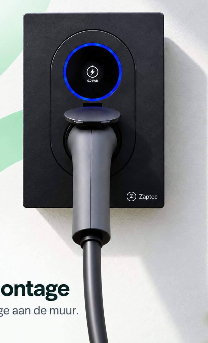 Zaptec laadpaal aan de muur met aangesloten laadkabel